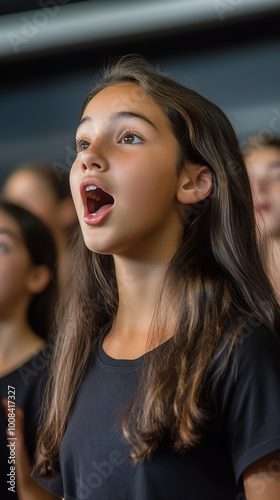 Youth Choir Vocal Warm-Up in Simple School Auditorium   photo