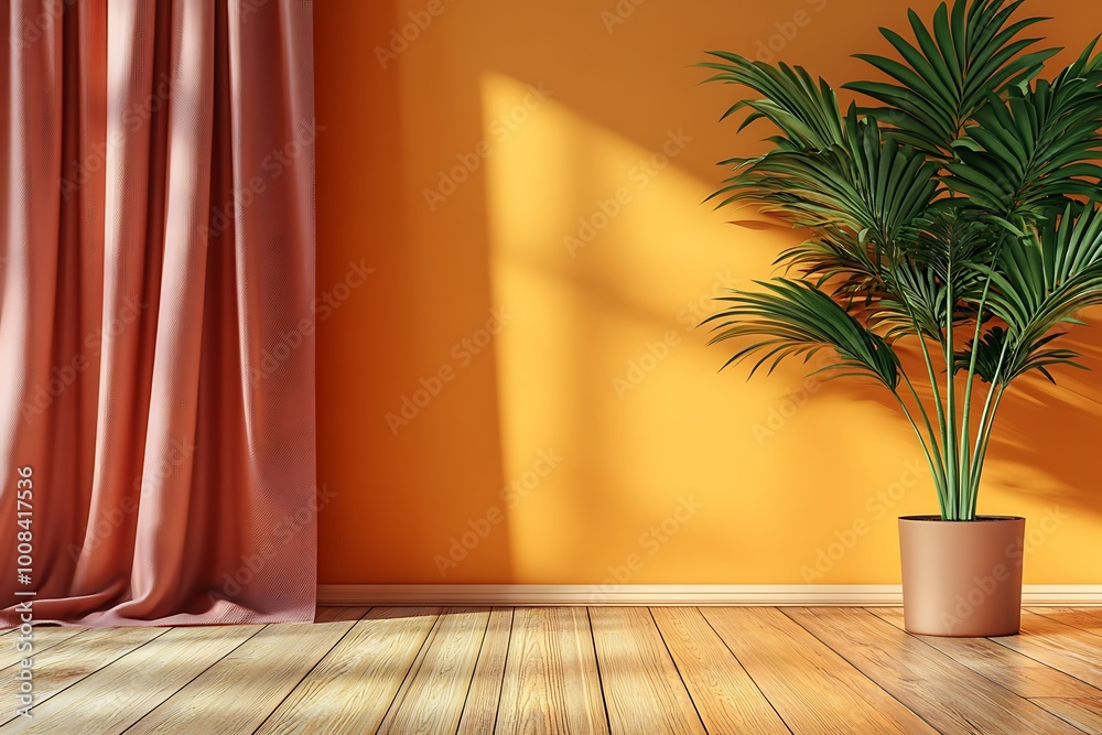Cozy interior with a plant and warm orange wall. Cozy interior with a plant and warm orange wall.