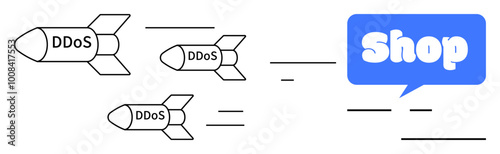 Three missiles labeled DDoS approach a speech bubble labeled shop. Ideal for cybersecurity education online shop protection cyber threats malicious attacks and network security content. Simple vector