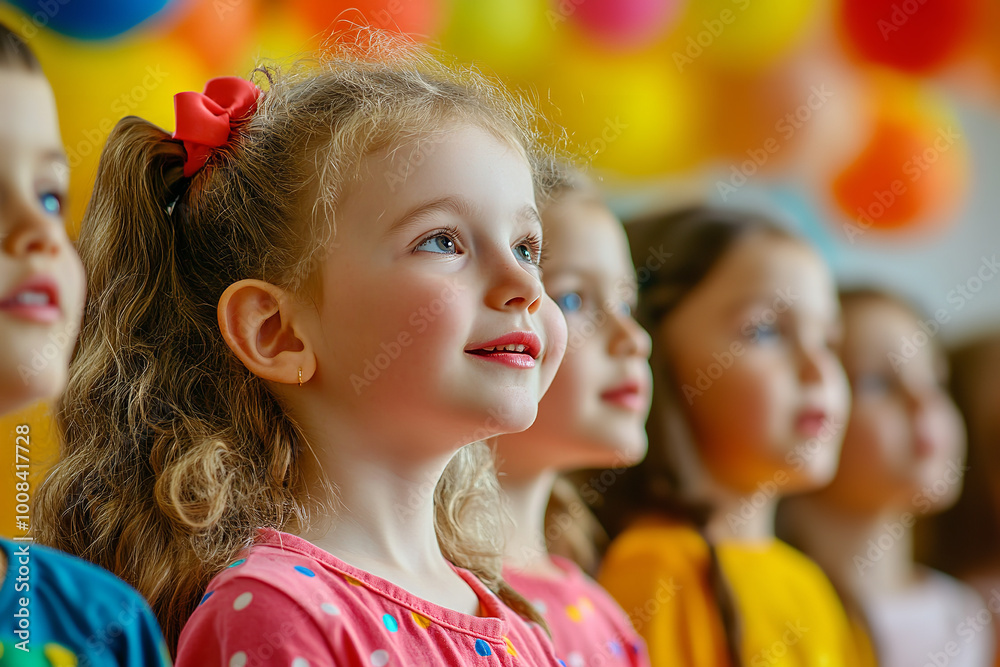Children’s Choir Singing at School Event with Colorful Decorations 