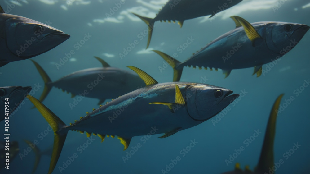 Fototapeta premium A breathtaking scene of yellowfin tuna swimming in unison underwater highlights the diversity of marine life