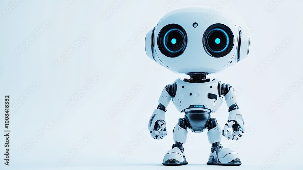 A White Robot With Blue Eyes Standing Against a White Background