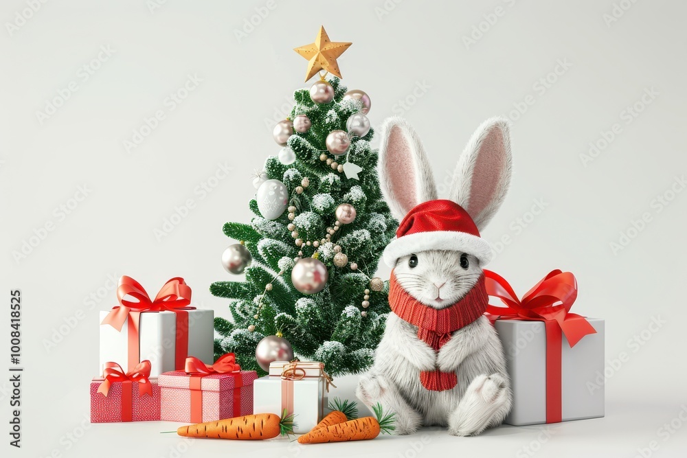 A rabbit in a Christmas costume stands next to the Christmas tree A rabbit in a Christmas costume stands next to the Christmas tree