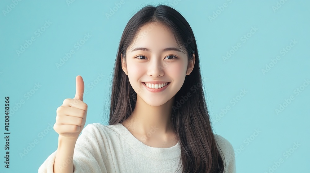 Young Asian woman smiling cheerfully while giving thumbs up on light blue background Young Asian woman smiling cheerfully while giving thumbs up on light blue background