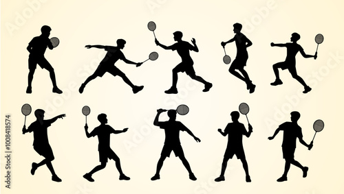 Silhouettes of badminton players in various dynamic action poses, holding rackets, representing different movements such as jumping, swinging, and serving on a light background.