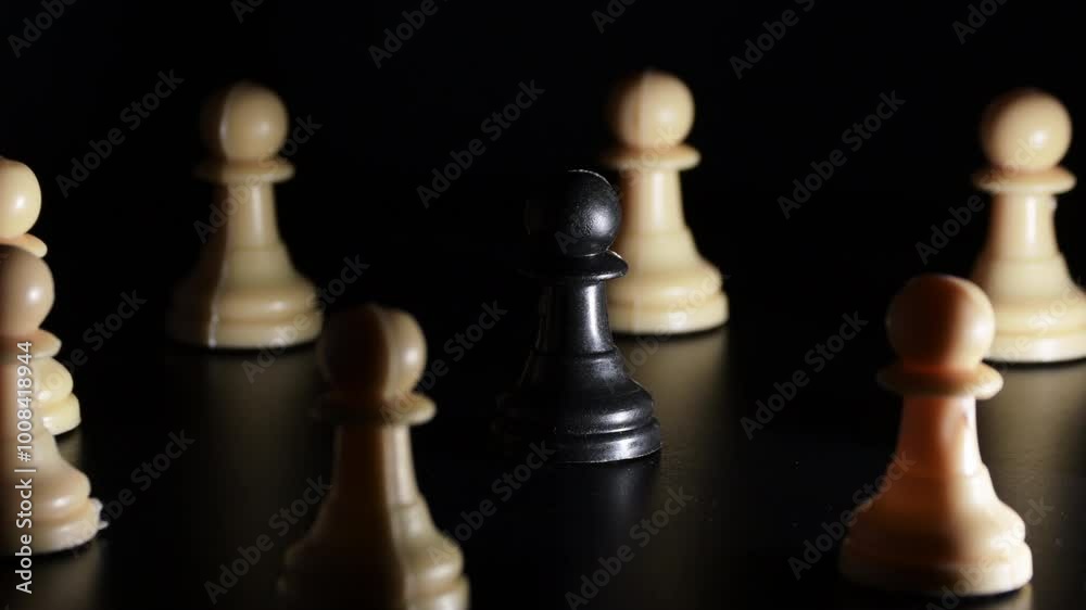 White chess pawns gyrating around a black pawn White chess pawns gyrating around a black pawn