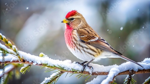 Common Redpoll perched on a branch in a snowy forest, showcasing its vibrant plumage and beauty photo