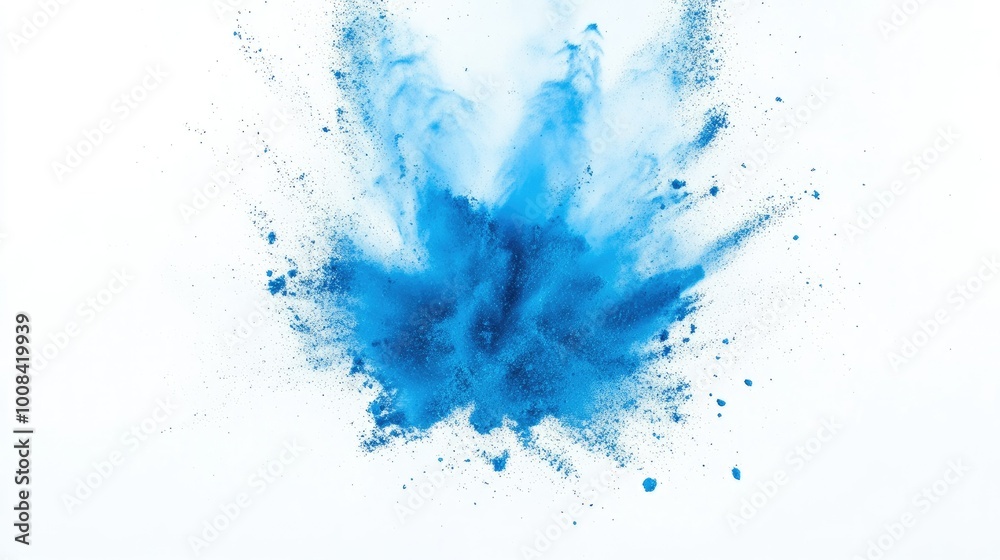 A high-energy blue powder burst exploding against a pristine white backdrop, with fine particles frozen in dynamic motion for stunning visual impact. A high-energy blue powder burst exploding against a pristine white backdrop, with fine particles frozen in dynamic motion for stunning visual impact.