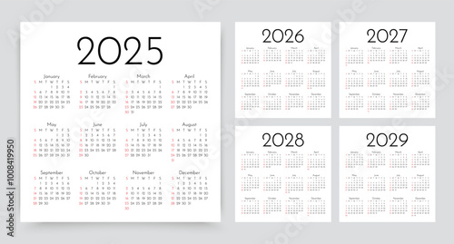 Calendar for 2025, 2026, 2027, 2028 2029 years. Calender templates. Week starts Sunday. Desk planner layout. Yearly organizer. Grid with 12 month in English. Vector illustration. Square simple design.