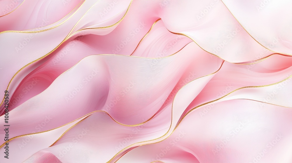 Fototapeta premium Soft pink wavy shapes with gold lines creating a graceful, dimensional decorative pattern.