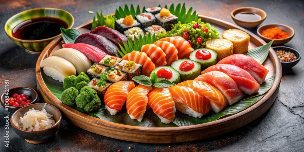 A colorful traditional sushi platter showcasing salmon salad, shrimp rice, and different sauces, elegantly displayed on a dark surface for a stunning culinary presentation. A colorful traditional sushi platter showcasing salmon salad, shrimp rice, and different sauces, elegantly displayed on a dark surface for a stunning culinary presentation.