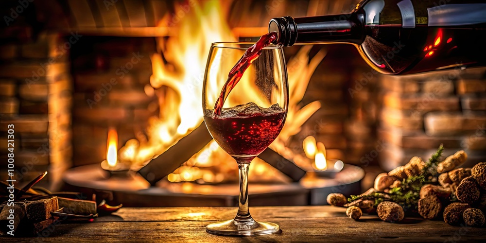 A cozy winter night by the fireplace, where warm flames flicker as rich red wine is gently poured into a glass, inviting relaxation and comfort. A cozy winter night by the fireplace, where warm flames flicker as rich red wine is gently poured into a glass, inviting relaxation and comfort.