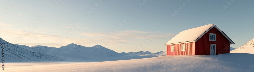 Red cabin in a snowy landscape with distant mountains under a clear sky. Red cabin in a snowy landscape with distant mountains under a clear sky.