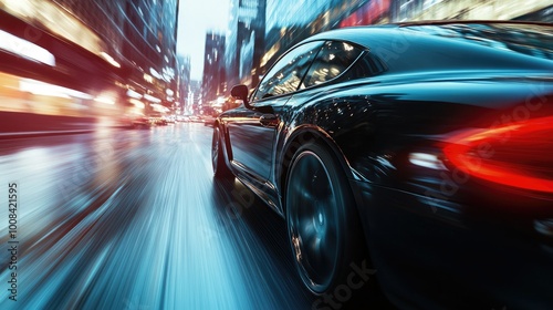 A luxury car driving on a wide city road, surrounded by modern buildings and reflecting streetlights, with a dynamic blur capturing the fast-paced urban environment.