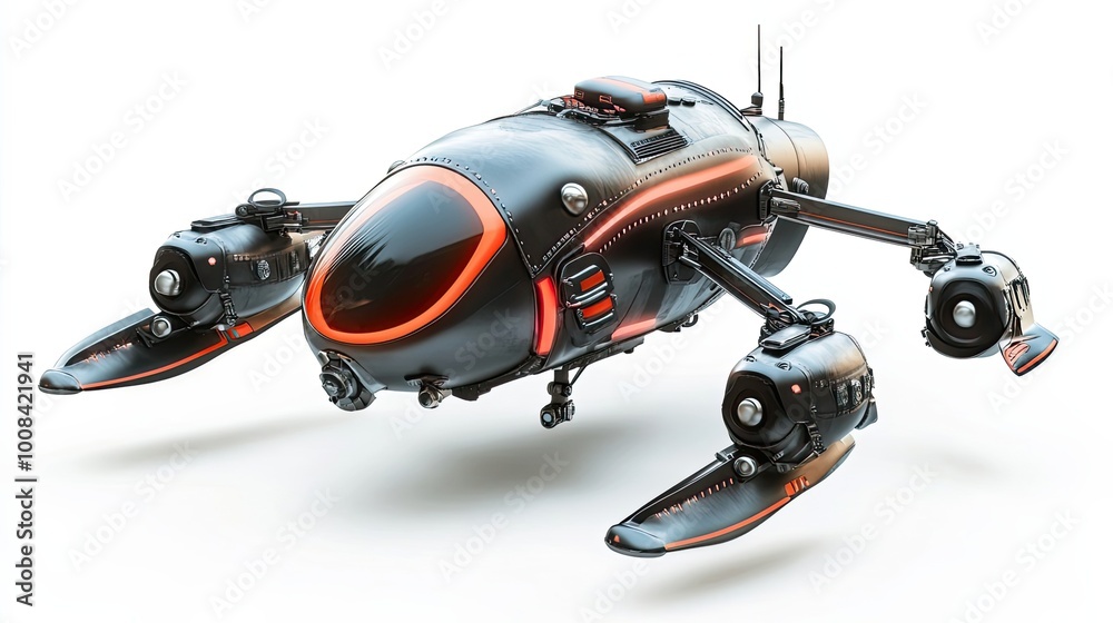 Black futuristic spacecraft with orange accents and multiple engines Black futuristic spacecraft with orange accents and multiple engines
