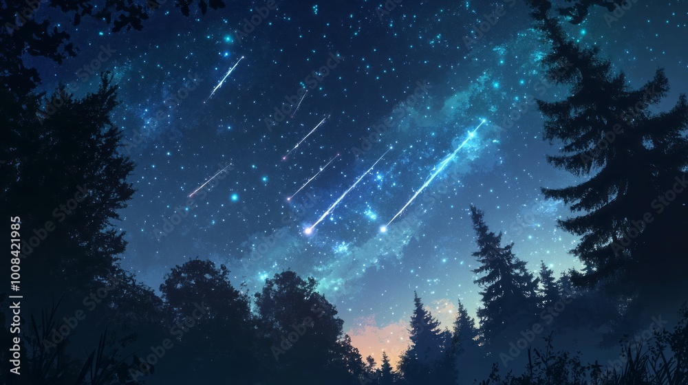 Fototapeta premium Silhouetted trees stand tall against a backdrop of a starry night sky with shooting stars.