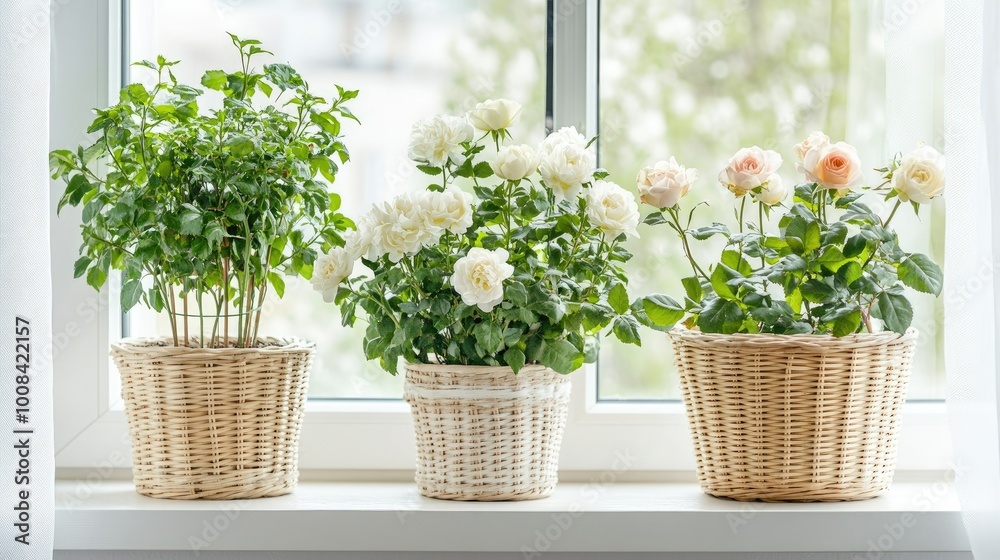 A minimalistic home setup with green indoor plants and blooming roses in wicker baskets on a white windowsill. Perfectly styled for a fresh vibe. A minimalistic home setup with green indoor plants and blooming roses in wicker baskets on a white windowsill. Perfectly styled for a fresh vibe.