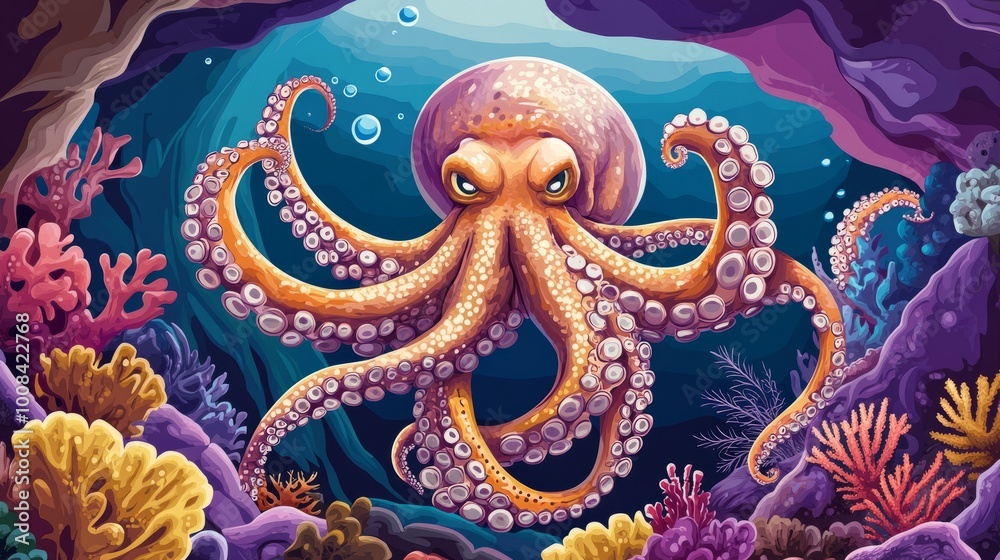 An octopus with eight tentacles and a fierce expression emerges from a cave in a vibrant underwater scene. An octopus with eight tentacles and a fierce expression emerges from a cave in a vibrant underwater scene.