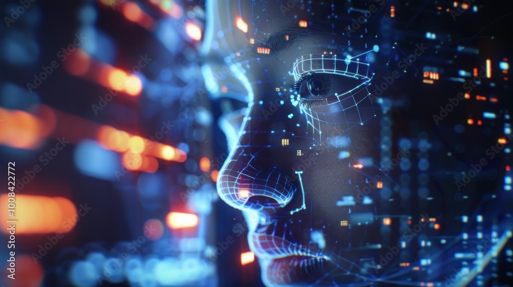 A high-tech screen displaying a 3D-rendered AI face with dynamic expressions and digital features A high-tech screen displaying a 3D-rendered AI face with dynamic expressions and digital features