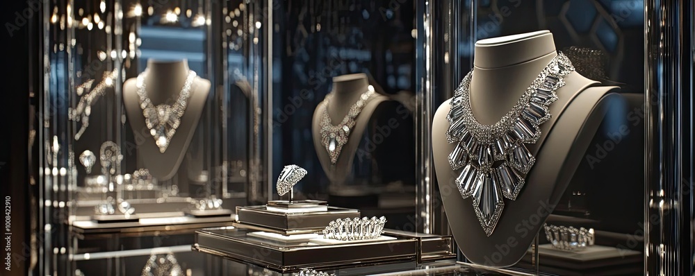Naklejka premium Elegant jewelry display featuring stunning necklaces and rings in a luxurious showcase, perfect for inspiration and admiration.
