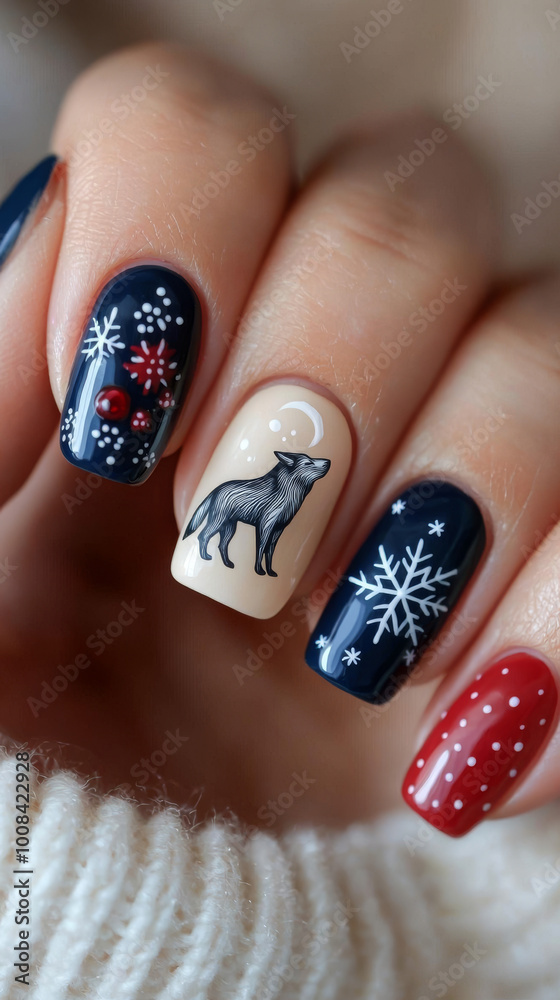 Silver Wolf Nail Art with Moon and Snowflakes Silver Wolf Nail Art with Moon and Snowflakes