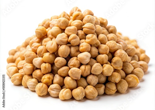 A detailed view of organic chickpeas reveals rich, natural textures set against a spotless white background, emphasizing their wholesome nature and potential in nutritious dishes.