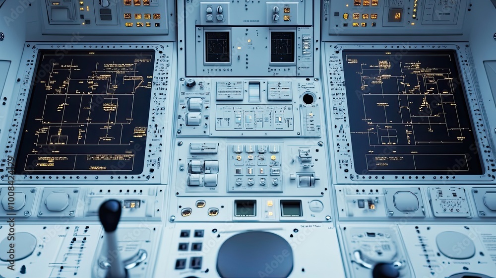 Close-up of a spacecraft's control panel with numerous buttons, switches, and screens displaying technical information. Close-up of a spacecraft's control panel with numerous buttons, switches, and screens displaying technical information.