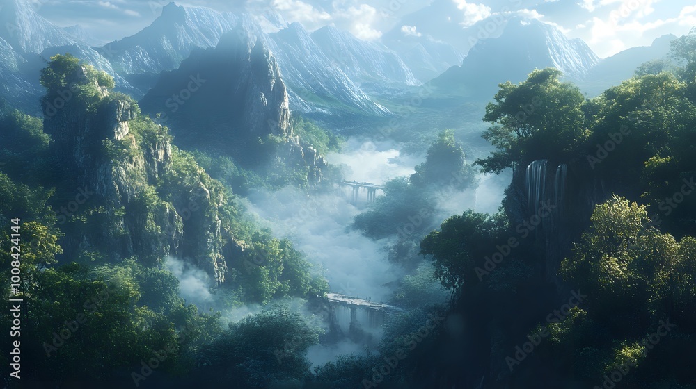Serene landscape with mountains, mist, and lush greenery. Serene landscape with mountains, mist, and lush greenery.