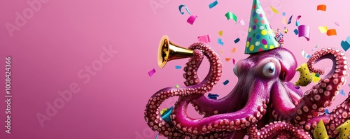 Cute Octopus in Birthday Hat Celebrating Joyfully photo