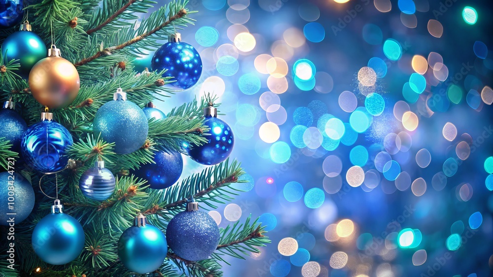 A beautiful Christmas tree embellished with blue ornaments, twinkling bokeh lights, and real fir branches stands A beautiful Christmas tree embellished with blue ornaments, twinkling bokeh lights, and real fir branches stands