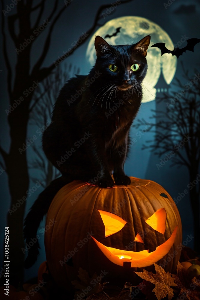 Black Cat on Jack-O'-Lantern with Full Moon Background Black Cat on Jack-O'-Lantern with Full Moon Background