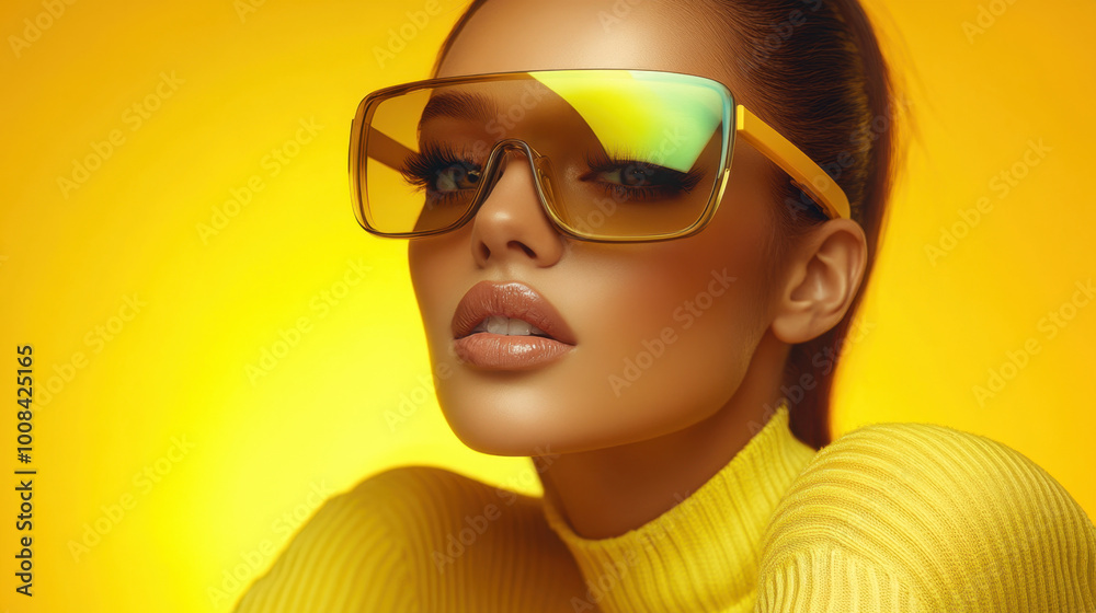 Portrait of a woman wearing oversized sunglasses on vibrant yellow background in modern fashion style. Concept of beauty, advertising and fashion industry Portrait of a woman wearing oversized sunglasses on vibrant yellow background in modern fashion style. Concept of beauty, advertising and fashion industry
