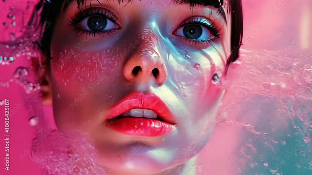 A woman's face emerges from the water, her eyes wide with surprise A woman's face emerges from the water, her eyes wide with surprise