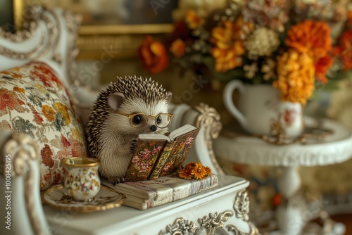 Hedgehog sitting on couch and reading a book