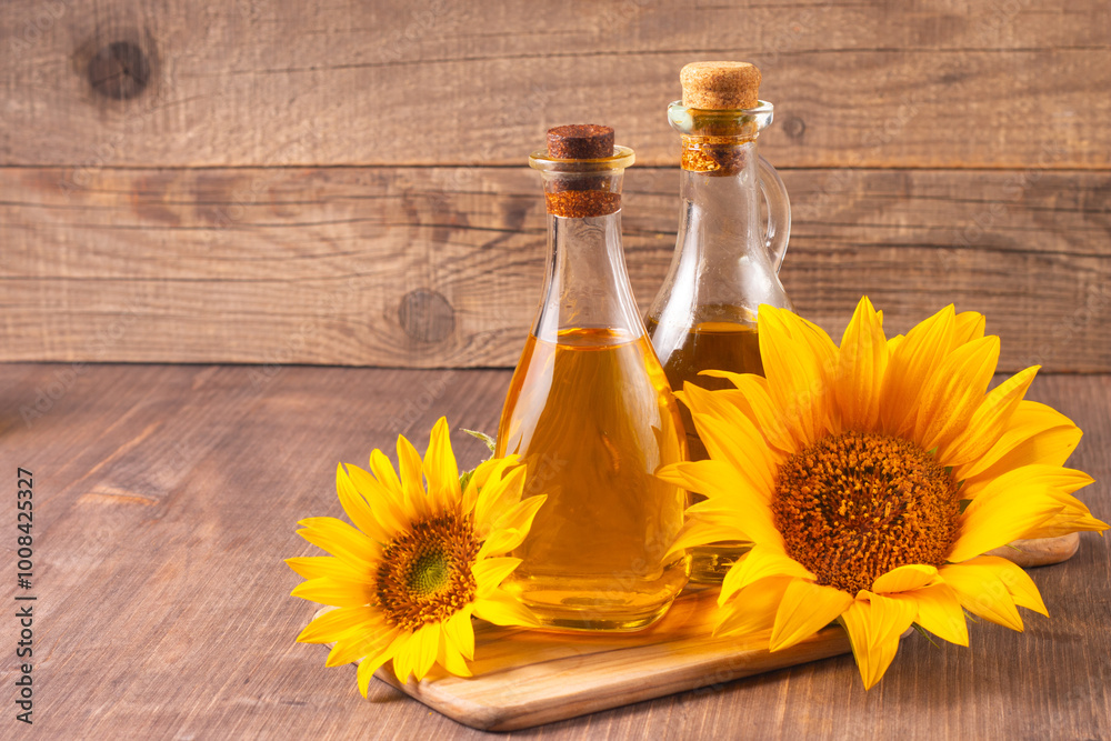 Closeup photo of sunflower oil with seeds on wooden background. Bio and organic product concept. Closeup photo of sunflower oil with seeds on wooden background. Bio and organic product concept.