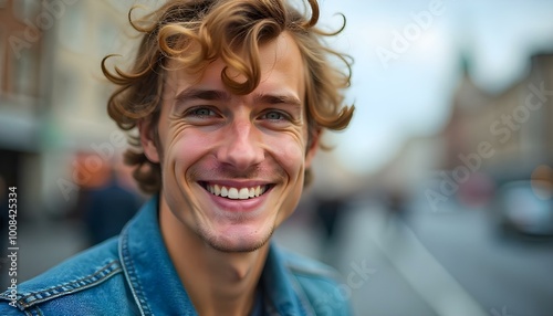 A young Caucasian man with curly blond hair wearing a denim jacket, smiling brightly with a cityscape