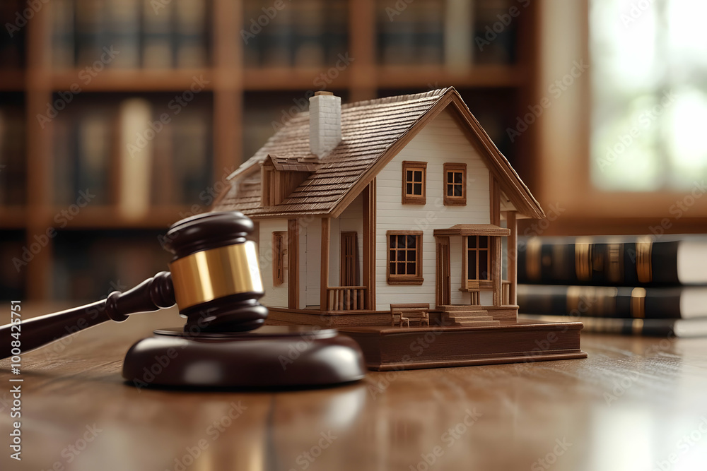 Real Estate Law and Auction - 3D Image of Gavel and Model Home Real Estate Law and Auction - 3D Image of Gavel and Model Home