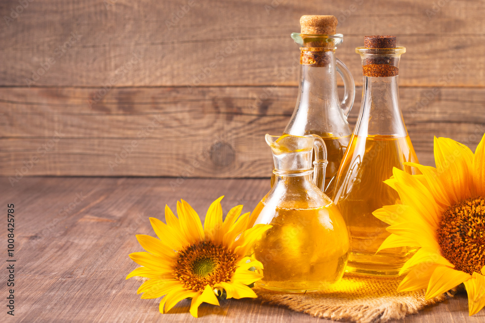 Closeup photo of sunflower oil with seeds on wooden background. Bio and organic product concept. Closeup photo of sunflower oil with seeds on wooden background. Bio and organic product concept.