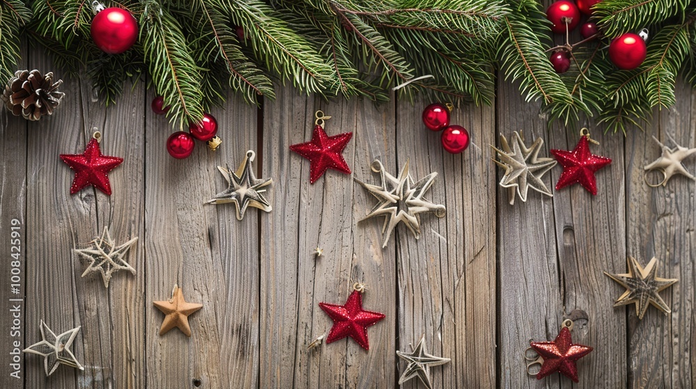 An arrangment of Christmas decoration on wooden background An arrangment of Christmas decoration on wooden background