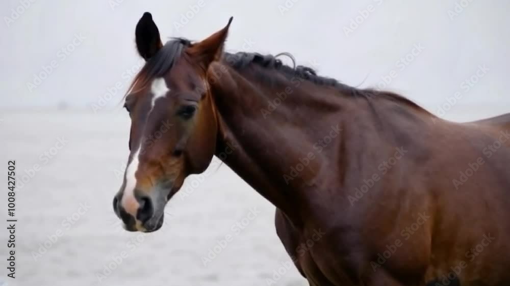 brown horse standing gracefully against plain grey outdoor background brown horse standing gracefully against plain grey outdoor background