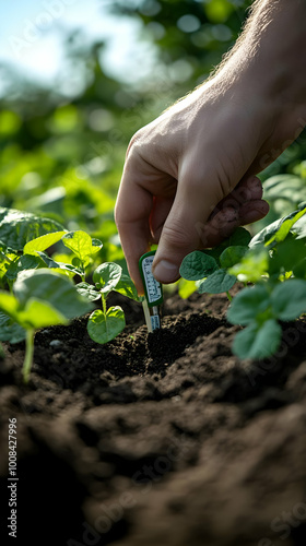 Photo - Farmer Checking Soil Moisture with Sensor in Potato Field