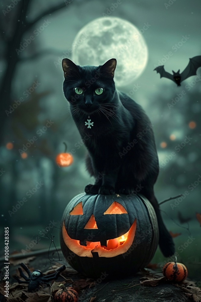 Black Cat on Jack-O'-Lantern with Full Moon Background Black Cat on Jack-O'-Lantern with Full Moon Background