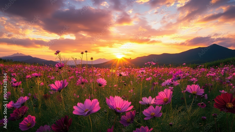 Fototapeta premium A stunning view of a vibrant cosmos flower field at sunset, with golden light illuminating the blooms, and majestic mountains in the distance under a colorful sky.