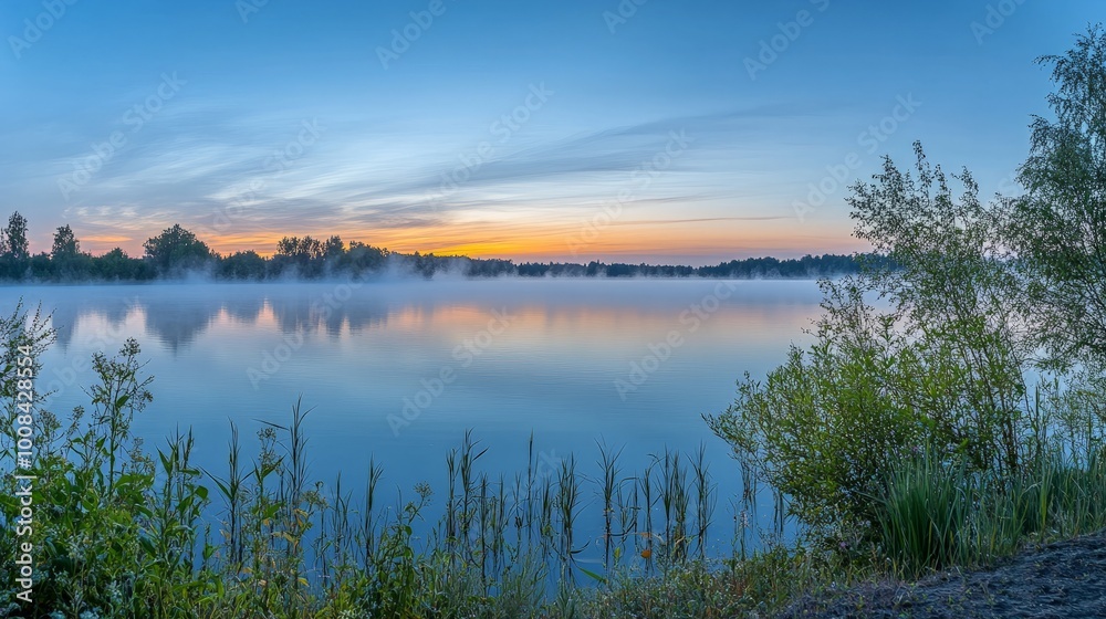 Fototapeta premium Calm lake with mist at sunrise, framed by greenery.