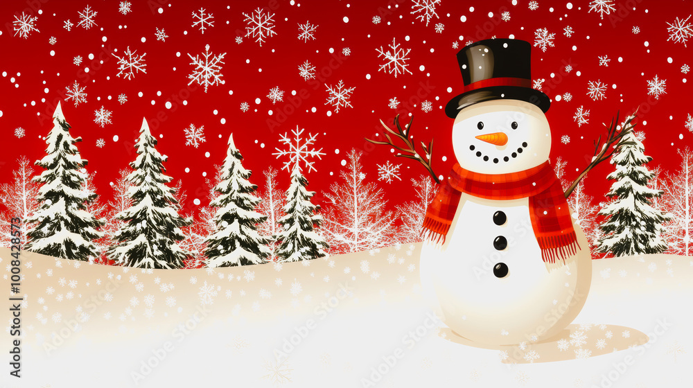 Obraz premium Snowman in a festive winter landscape with trees and snowflakes