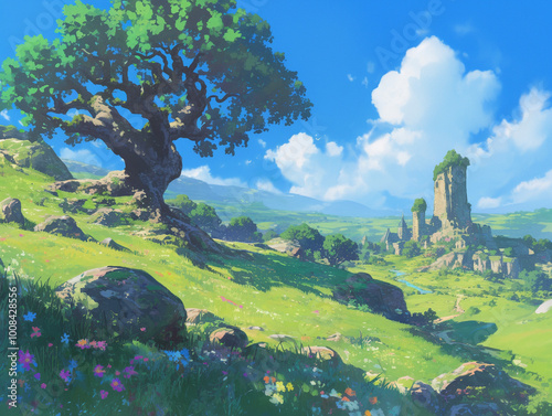 緑の丘と青空のあるファンタジーな世界の風景　Generative AI