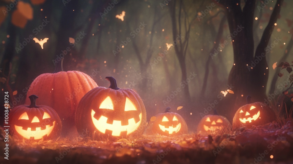 Collection of carved pumpkins with smiling faces in a forest, cartoon Halloween style. Festive, whimsical mood. Collection of carved pumpkins with smiling faces in a forest, cartoon Halloween style. Festive, whimsical mood.