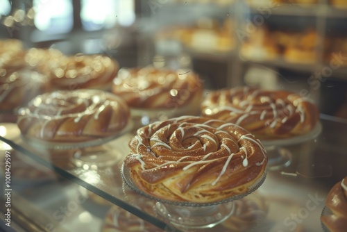 Freshly baked golden swirls beautifully displayed on a bakery showcase. photo