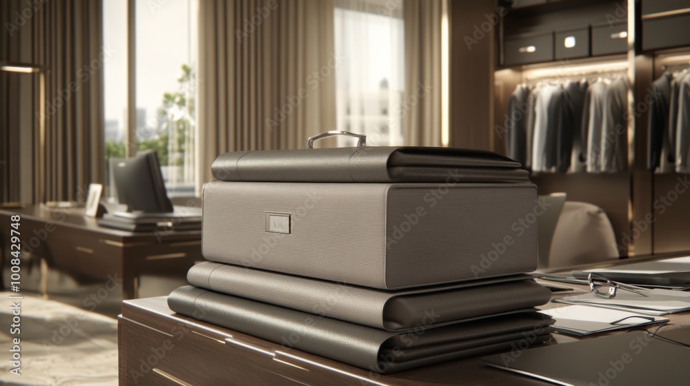 Stylish Briefcase on Modern Office Desk Stylish Briefcase on Modern Office Desk