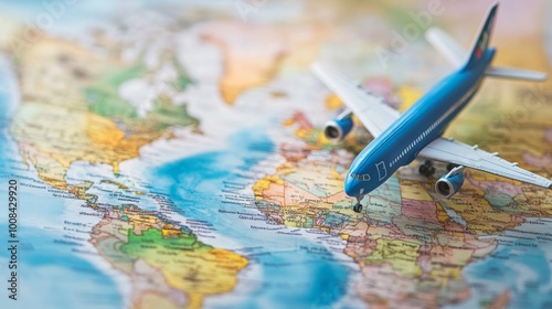 Airplane Model on World Map for Travel Planning photo